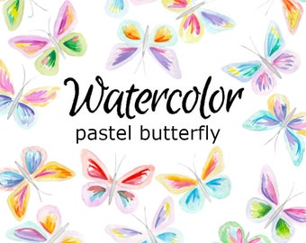 May include: Watercolor illustration of pastel butterflies with the text "Watercolor pastel butterfly" in black.