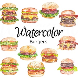 May include: Watercolor illustration of various burgers with sesame seed buns, lettuce, tomato, cheese, and meat patties. The image includes the text "Watercolor Burgers" in a handwritten style.