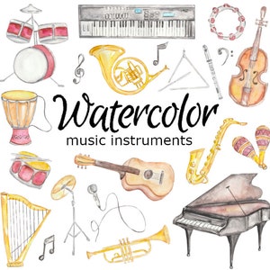 WATERCOLOR CLIPART, music instruments art school scrapbooking png, graphics, watercolour, illustration sketch painting clip art teacher