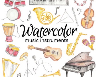 WATERCOLOR CLIPART, music instruments art school scrapbooking png, graphics, watercolour, illustration sketch painting clip art teacher