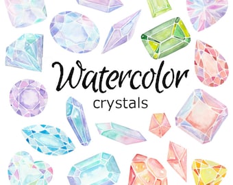 Può includere: Illustrazione ad acquerello di vari cristalli colorati in diverse forme e dimensioni. Il testo "Watercolor crystals" è scritto in corsivo nero.
