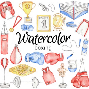 May include: Watercolor illustration of boxing equipment, including a boxing ring, gloves, a punching bag, a jump rope, a weightlifting dumbbell, a trophy, a whistle, a water bottle, a championship belt, and a round sign with the number 1.