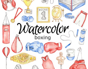 May include: Watercolor illustration of boxing equipment, including a boxing ring, gloves, a punching bag, a jump rope, a weightlifting dumbbell, a trophy, a whistle, a water bottle, a championship belt, and a round sign with the number 1.