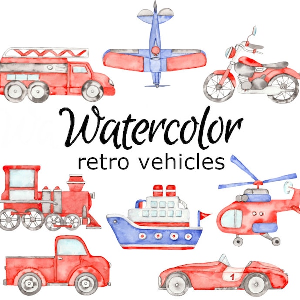 WATERCOLOR CLIPART, retro vehicles art scrapbooking library png, graphics, watercolour, illustration sketch painting clip art car transport