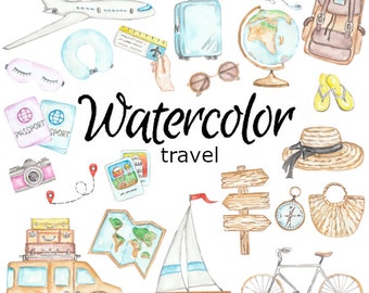 Könnte beinhalten: Aquarell-Illustrationen von Reiseartikeln, darunter ein Flugzeug, Gepäck, ein Pass, eine Kamera, eine Karte, ein Segelboot, ein Fahrrad, ein Kompass und ein Hut. Der Text "Watercolor travel" ist in Schwarz geschrieben.