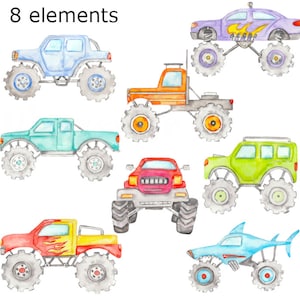 WATERCOLOR CLIPART, monster truck vehicles art cars tractor png, graphics, watercolour, illustration sketch painting clip art van bus truck image 2