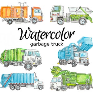 WATERCOLOR CLIPART, garbage truck vehicles art scrapbooking library png, graphics, watercolour, illustration sketch painting clip art car
