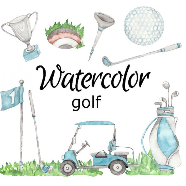 WATERCOLOR CLIPART golf gear sport art ball scrapbooking png graphics watercolour illustration sketch painting clip art ball glove car stick