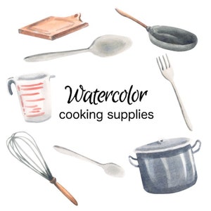 May include: Watercolor illustration of various kitchen supplies, including a wooden cutting board, a metal pot, a whisk, a spoon, a measuring cup, a fork, and a frying pan. The text "Watercolor cooking supplies" is written in black.