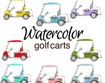 Puede incluir: Ilustración de acuarela de ocho carritos de golf en diferentes colores: amarillo, azul, morado, rojo, verde, turquesa, rosa y azul claro. El texto "Acuarela de carritos de golf" está escrito debajo de los carritos.