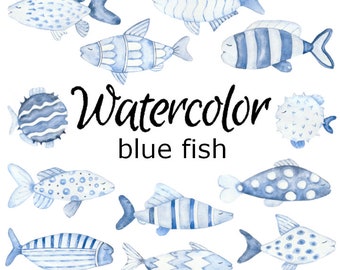 WATERCOLOR CLIPART, blue fish fishing clip art nature scrapbooking ocean animals png, graphics, watercolour, illustration sketch painting