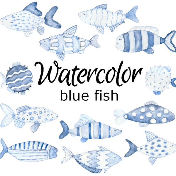 WATERCOLOR CLIPART, blue fish fishing clip art nature scrapbooking ocean animals png, graphics, watercolour, illustration sketch painting