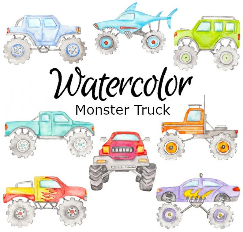 WATERCOLOR CLIPART, monster truck vehicles art cars tractor png, graphics, watercolour, illustration sketch painting clip art van bus truck image 1