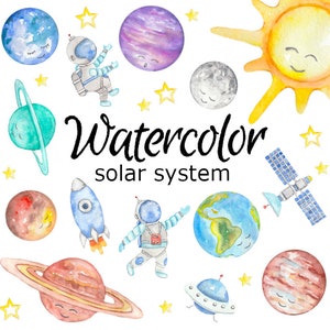 WATERCOLOR CLIPART solar system space art planet png graphics watercolour illustration sketch painting clip star sky comet rocket rocketship