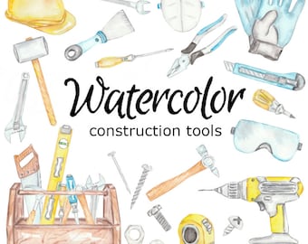 Watercolor Construction Tools Clipart: Hand-Painted PNG Graphics (Digital Download)