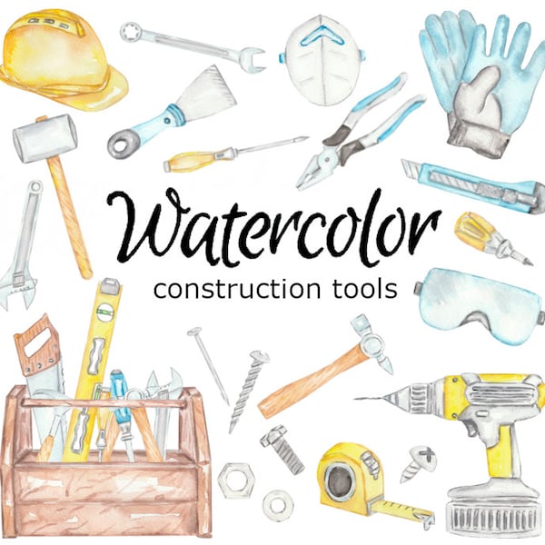 WATERCOLOR CLIPART, construction tools supplies scrapbooking png, graphics, watercolour illustration sketch painting clip art father's day
