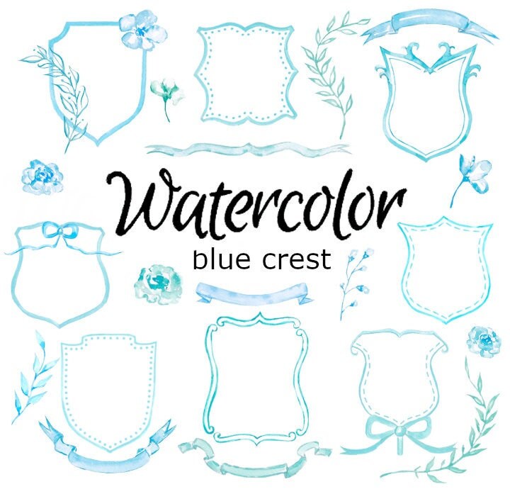 WATERCOLOR CLIPART Watercolor Romantic blue crest collection frames, ribbons and floral arrangements painting clip art wedding vintage