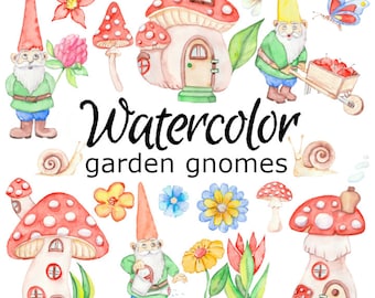 WATERCOLOR CLIPART, giardino gnomi arte scrapbooking png grafica acquerello illustrazione disegno pittura clip art mushroom house giardinaggio