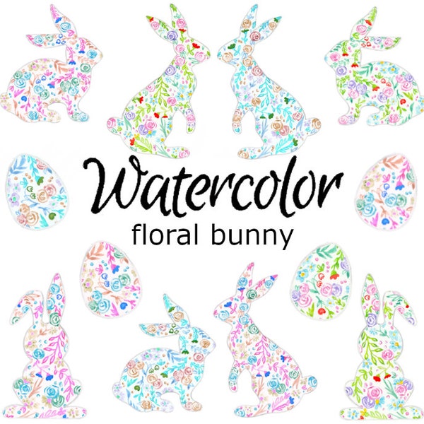 WATERCOLOR CLIPART flowal bunny Easter eggs clip art rabbit animals png, graphics, watercolour, illustration sketch painting painted cards