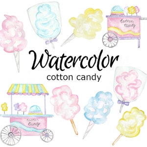 Puede incluir: Ilustración de acuarela de carros de algodón de azúcar y nubes de algodón de azúcar individuales en varios colores, incluyendo rosa, azul y amarillo. El texto "Acuarela algodón de azúcar" está escrito en negro debajo de la imagen.