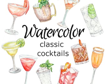 Op de afbeelding: Waterverf illustraties van klassieke cocktails, waaronder een margarita, een Moscow mule, een cosmopolitan, een mimosa, een gin tonic, een daiquiri, een whiskey sour, een sidecar en een martini.