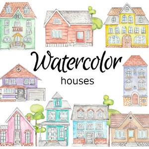 WATERCOLOR CLIPART, houses garden art scrapbooking png graphics watercolour illustration sketch painting clip art city magic magical home