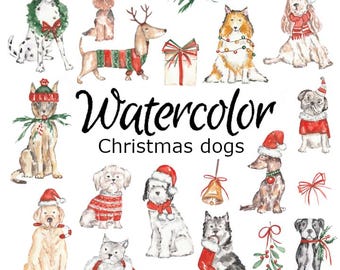 Clipart di cani natalizi ad acquerello: grafica PNG (download digitale)