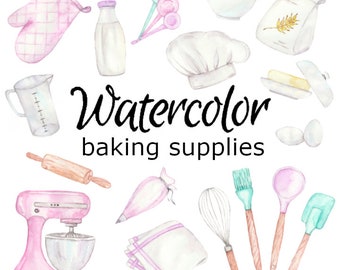 WATERCOLOR CLIPART, baking supplies scrapbooking cook png, graphics, watercolour illustration sketch painting clip art kitchen food tools