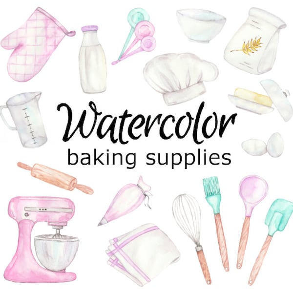 WATERCOLOR CLIPART, baking supplies scrapbooking cook png, graphics, watercolour illustration sketch painting clip art kitchen food tools