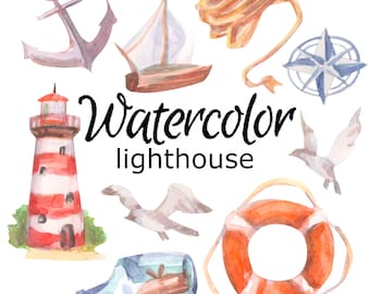 Op de afbeelding: Waterverfillustratie van nautische objecten, waaronder een vuurtoren, een zeilboot, een anker, een kompas, een reddingsboei, een zeemeeuw en een boodschap in een fles. De tekst "Watercolor lighthouse" is in zwart geschreven.
