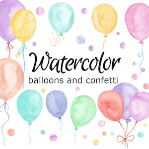 AQUARELL CLIPART Luftballons und Konfetti Art Scrapbooking png, Grafiken, Aquarell, Illustration Skizze Malerei Clip Geburtstag Party Karte