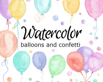 WATERCOLOR CLIPART balloons and confetti art scrapbooking png, graphics, watercolour, illustration sketch painting clip birthday party card