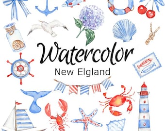 Puede incluir: Ilustración en acuarela con elementos náuticos como un ancla, un velero y un faro. Incluye un cangrejo, una estrella de mar y una concha. También está presente el texto "Watercolor New England".
