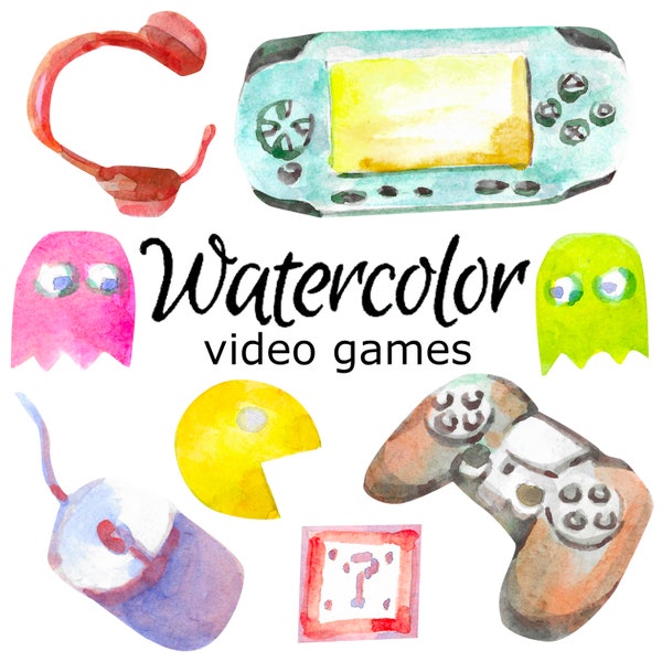 WATERCOLOR CLIPART, video games art school scrapbooking png, graphics, watercolour, illustration sketch painting clip art gaming gamer retro