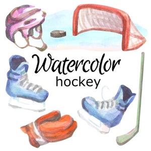 WATERCOLOR CLIPART hockey sport art ball scrapbooking png graphics watercolour illustration sketch painting clip art puck tick skates helmet