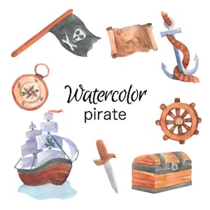 WATERCOLOR CLIPART, art pirate scrapbooking birthday png graphics watercolour illustration sketch painting clip art map boy ship flag sword