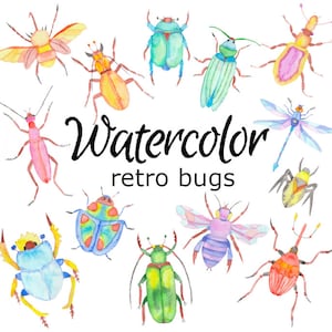 AQUARELL CLIPART Retro Insekten Insekten Natur Scrapbooking Clip Art Heuschrecke png Aquarell Illustration Libelle Schmetterling Käfer