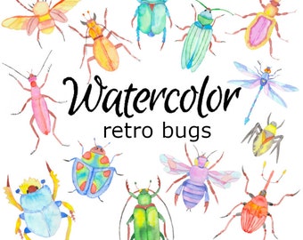 WATERCOLOR CLIPART retro bugs insects nature scrapbooking clip art grasshopper png watercolour illustration dragonfly butterfly beetle