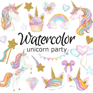 AQUARELL CLIPART Kunst Einhorn Party Scrapbooking Geburtstag png Grafik Aquarell Illustration Skizze Malerei Clip Art Märchen Fantasy