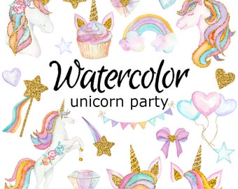 WATERCOLOR CLIPART art unicorn party scrapbooking birthday png graphics watercolour illustration sketch painting clip art fairy tale fantasy