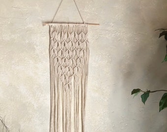 Boho Macrame Wall Hanging: Natural Cotton, Wooden Dowel