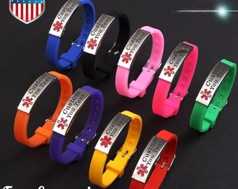 Custom4U Personnalis/é Bracelet dIdentification-Alerte M/édicale SOS-Bracelet Sport ID-Bracelet dAllergie-Bracelet de M/édicaments en Acier R/églable pour Hommes Femmes Gravure Gratuite Personnalis/é