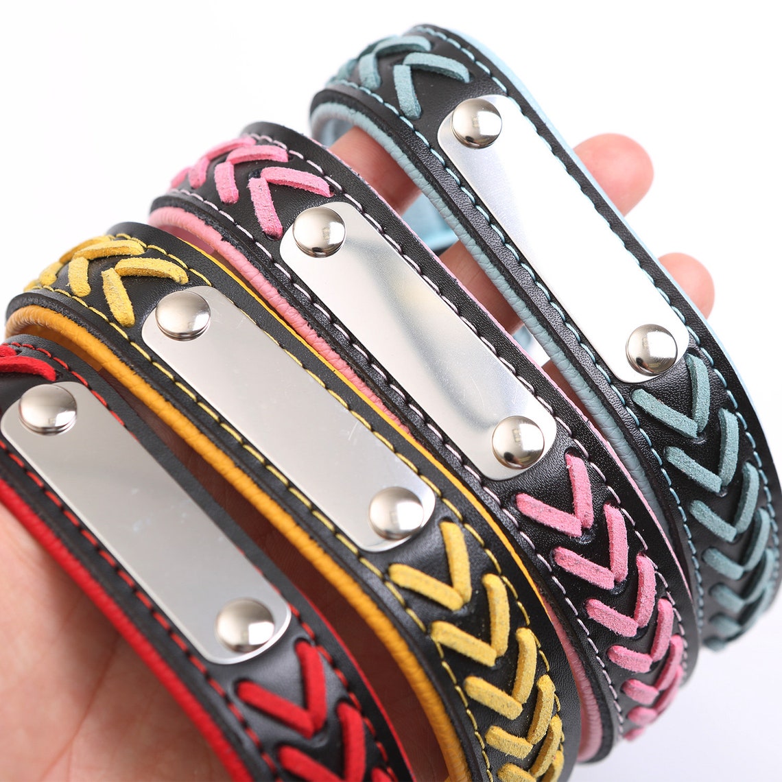 Personalized Dog Collar Braided Leather Padded Name ID Tag Etsy