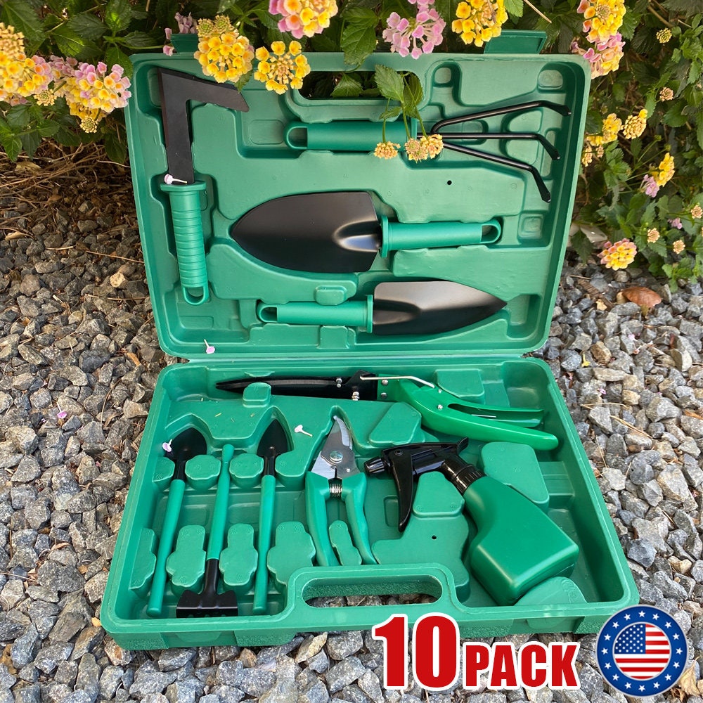 10PC Gardening Tool Set Kits Plant Yard Garden DIY Rake Shovel Spray Bottle Case