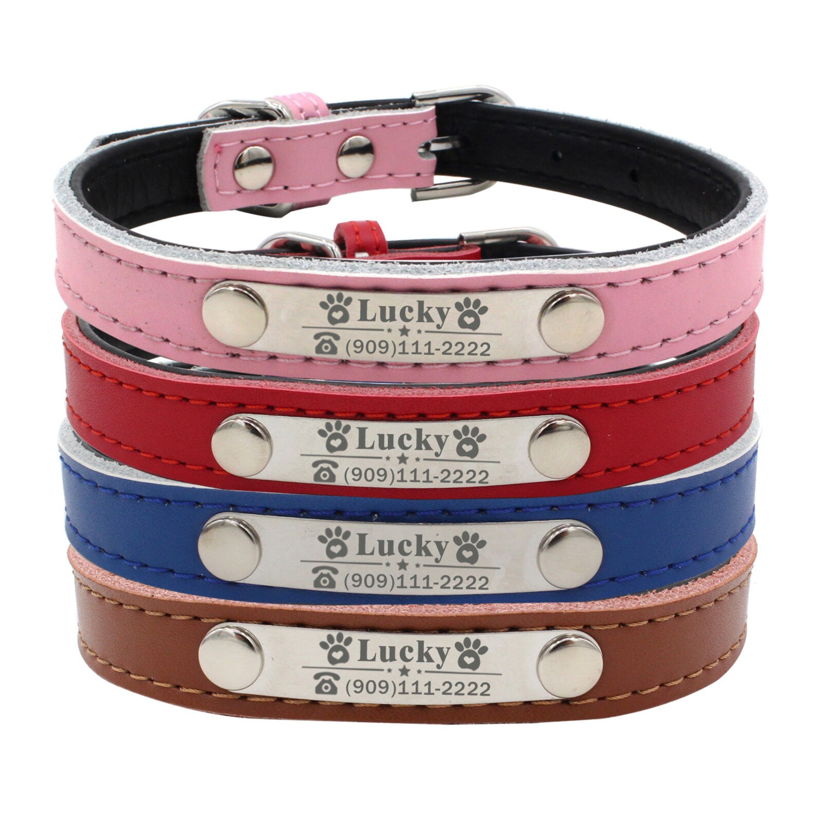 Personalized Dog Collar Leather Padded Name ID Tag Engraved Etsy