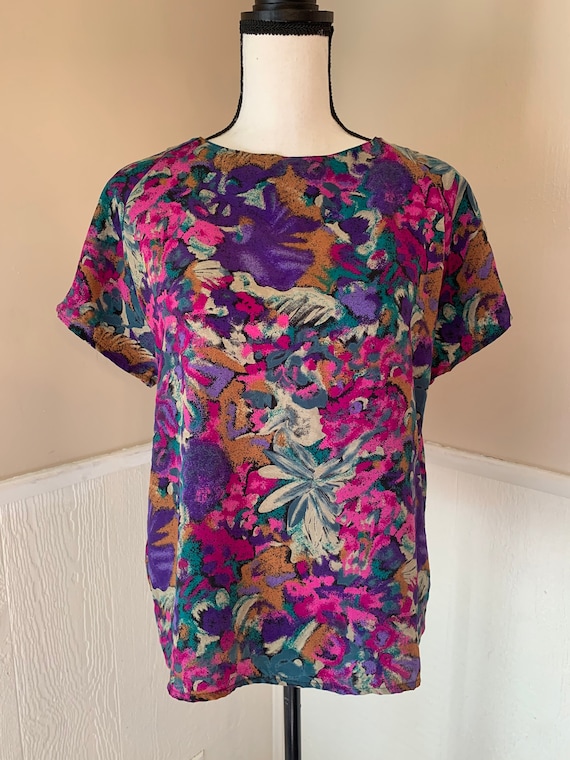 Silky ‘80s Tropical Blouse | Size M/L | Vintage T-