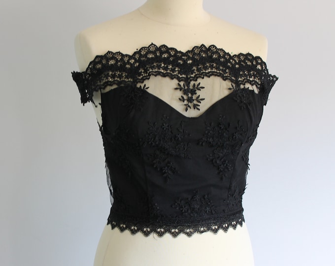 Romantic black lace off the shoulder buttoned top