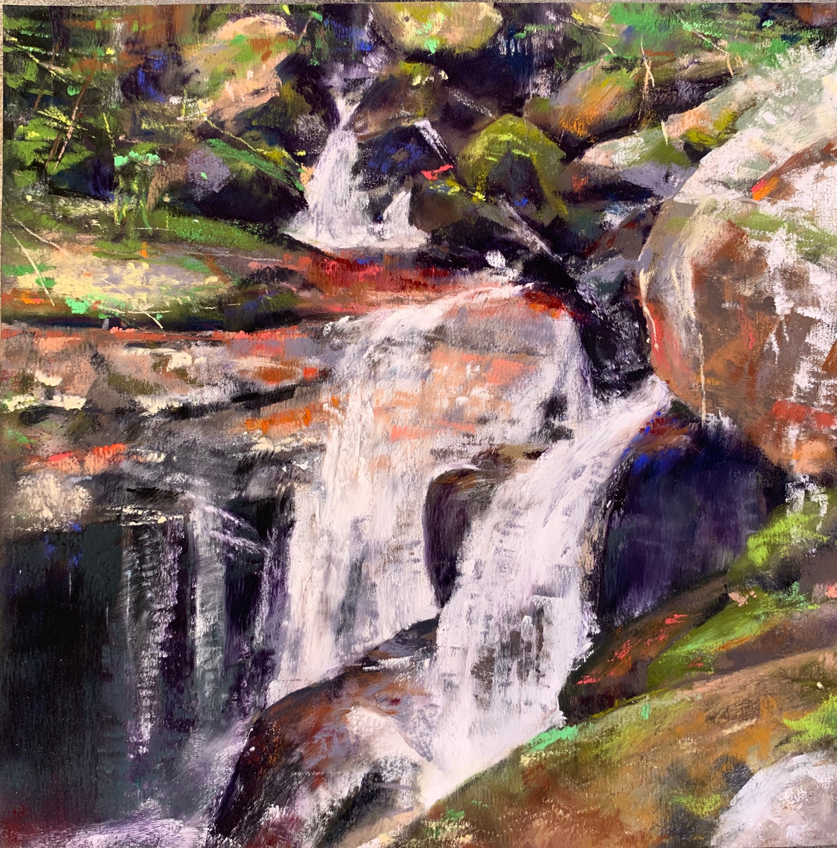 Original Pastel Painting Waterfall Stream Rocks by Natalie Richards Etsy