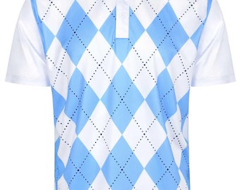 Classic Argyle Sky Blue & White Mens Golf Polo Shirt by ReadyGOLF