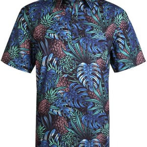 May include: A short-sleeve polo shirt featuring a dark background with a vibrant tropical print of blue and teal monstera leaves and purple pineapples. The shirt has a button-up collar and a small skull and crossbones logo on the chest.